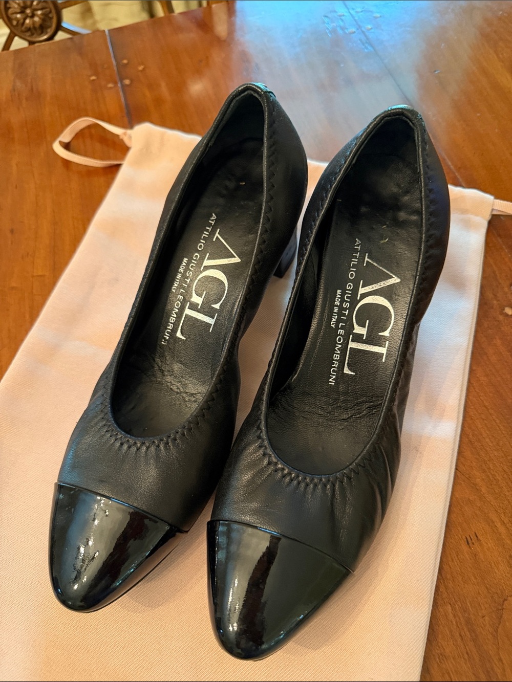 AGL Black Leather Pump with Patent Toe